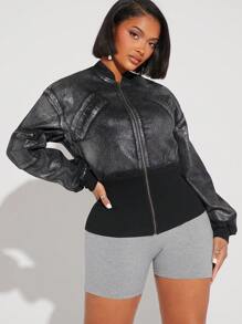 SHEIN Unity Metallic Denim Ribbed Bomber Jacket - Black - View 5