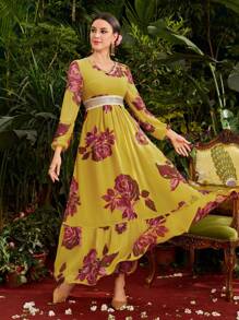 Divindia Women's Floral Print Lantern Sleeve Style Dress