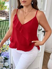 Reflora Plus Size Ruffled Trim Decorated Spaghetti Strap Tank Top - Red - View 3