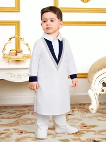 SHEIN Baby Boys' Loose Fit Long Robe With Three-Color Collar And Long Sleeves - Blue and White - View 6