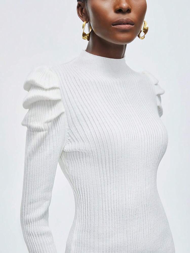 Women'S Solid Color Stand Collar Leg-Of-Mutton Sleeve Sweater Dress
