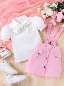 SHEIN Young Girl Spring And Autumn Casual And Cute Lady College Style Shirt And Suspender Skirt Set
