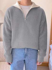 Manfinity Hypemode Men's Zipper Half-Placket Drop-Shoulder Long Sleeve Sweater - Light Grey - View 1