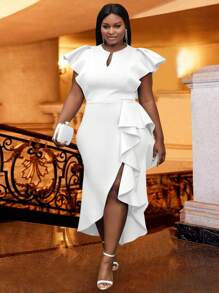 Đầm Plus Size Cao thấp Xù Dây kéo màu trơn Thanh lịch - trắng - Xem 4