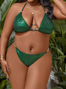 SHEIN Slayr Kích thước lớn Màu thuần Bộ Bikini Với Knotted Bên Chi tiết Lễ hội hóa trang - màu xanh lá - Xem 1