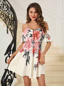 SHEIN Clasi 女士花卉印花露肩連衣裙 - 彩色 - 查看 6