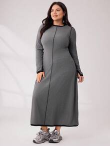 Mulvari Plus Size Colorblock Dress With Contrast Trim And Exposed Stitching - Dark Grey - View 7