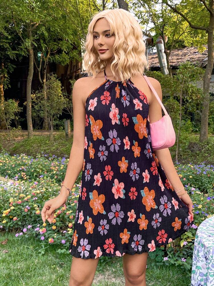 Women's Floral Print Holiday Halter Neck Dress