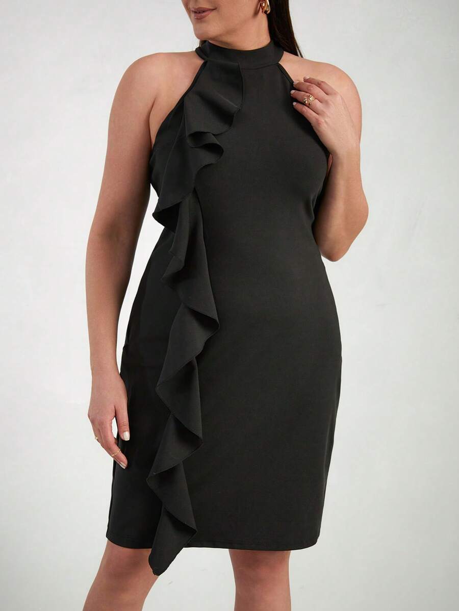 RueChic Plus Size Women'S Halter Neck Ruffle Hem Dress - Black - View 1