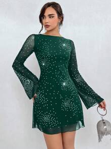Aloruh Women's Rhinestone Decor Mesh Bell Sleeve Dress - Dark Green - View 1