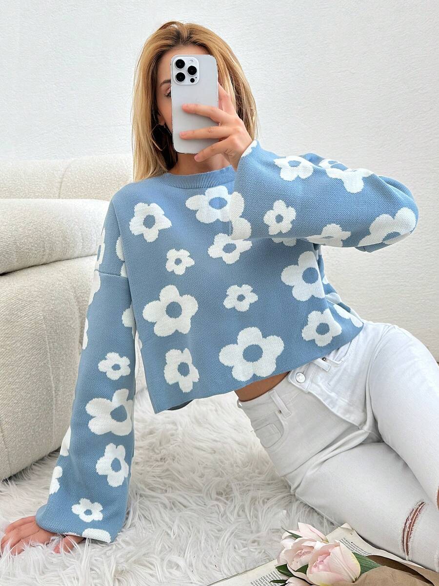 Flower Pattern Women Sweater - Blue - View 1