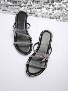 Colorful Rhinestone Butterfly Design Multiple Straps Women's Outdoor Slipper Sandals, French Style Summer Autumn Women's Fashion Black Slippers - Black - View 7