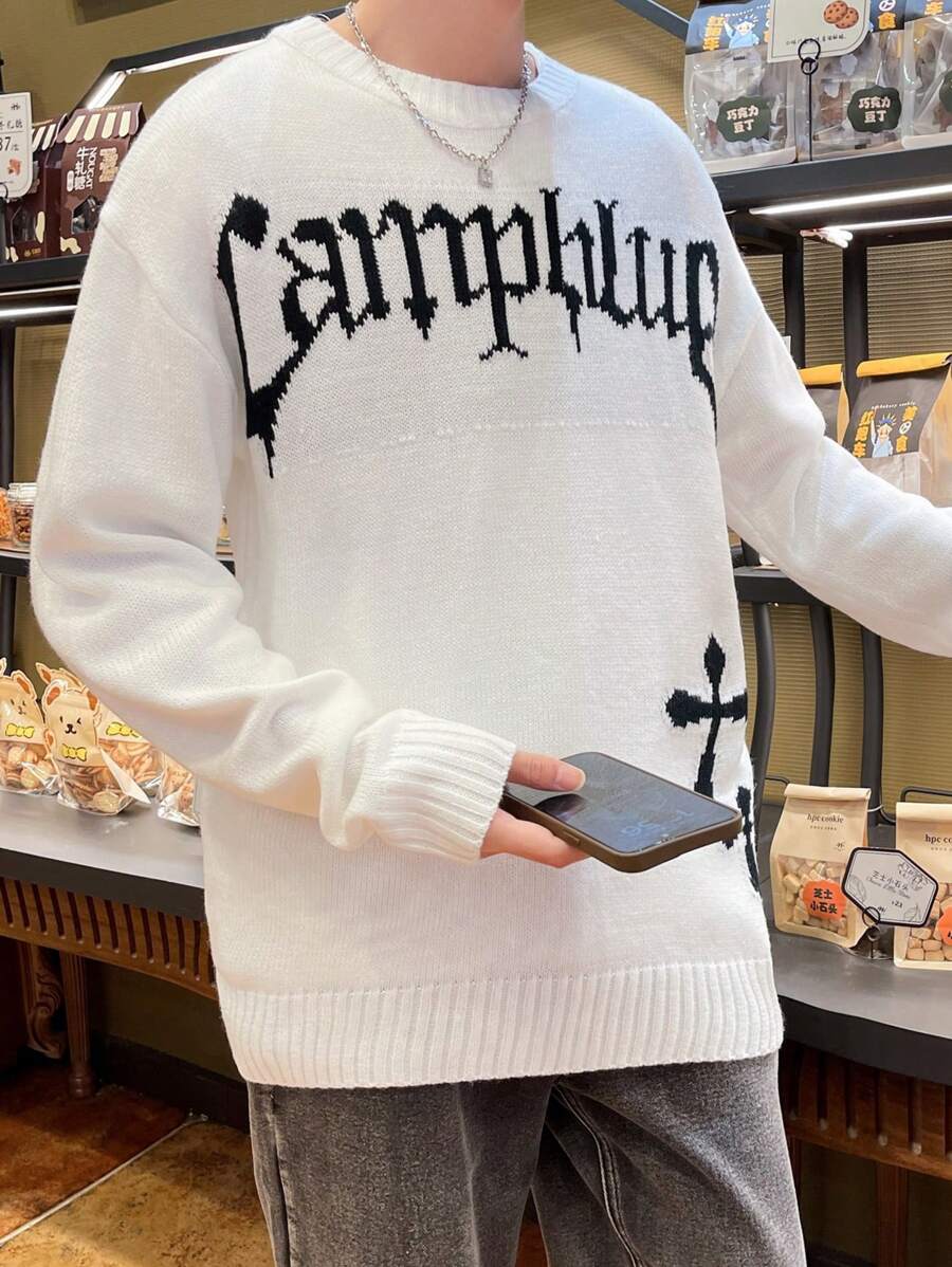 Manfinity Roghcode Men'S Letter Pattern Drop Shoulder Long Sleeve Sweater