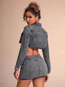 SHEIN BAE Fold Over Waist Mini Denim Skirt - Black - View 2