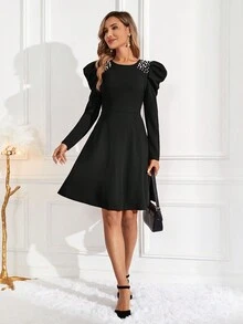 EMERY ROSE Women'S Pearl Beaded Leg-Of-Mutton Sleeve Sheath Dress - Black - View 6