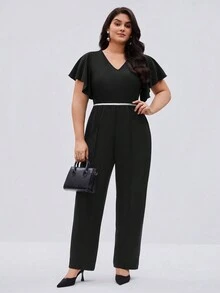 BizChic Women's Plus Size V-neck Ruffle Sleeve Straight Wide Leg Jumpsuit - Black - View 8