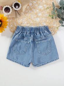 SHEIN Playful Pals 寶寶女孩可愛簡約風水洗牛仔短褲,帶荷葉邊修飾 - 中等水洗藍 - 查看 2