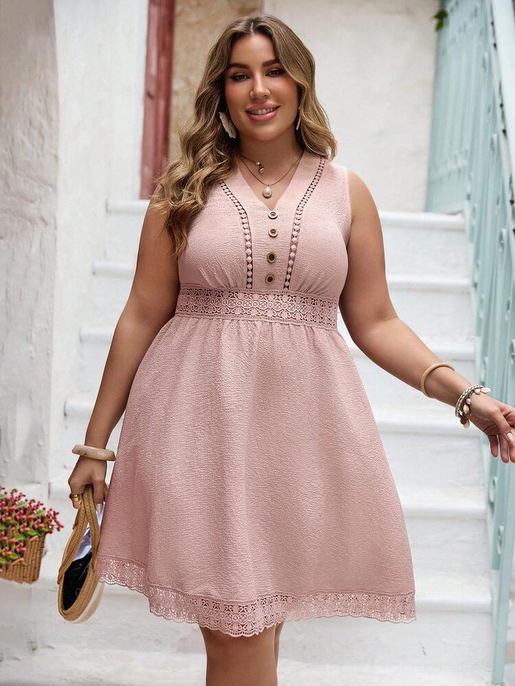 Plus Size Lace Patchwork Button Detail Sleeveless Dress For Summer