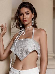 Zolique Glamorous Shiny Diamond Decor Sexy Women'S Halter Neck Tank Top