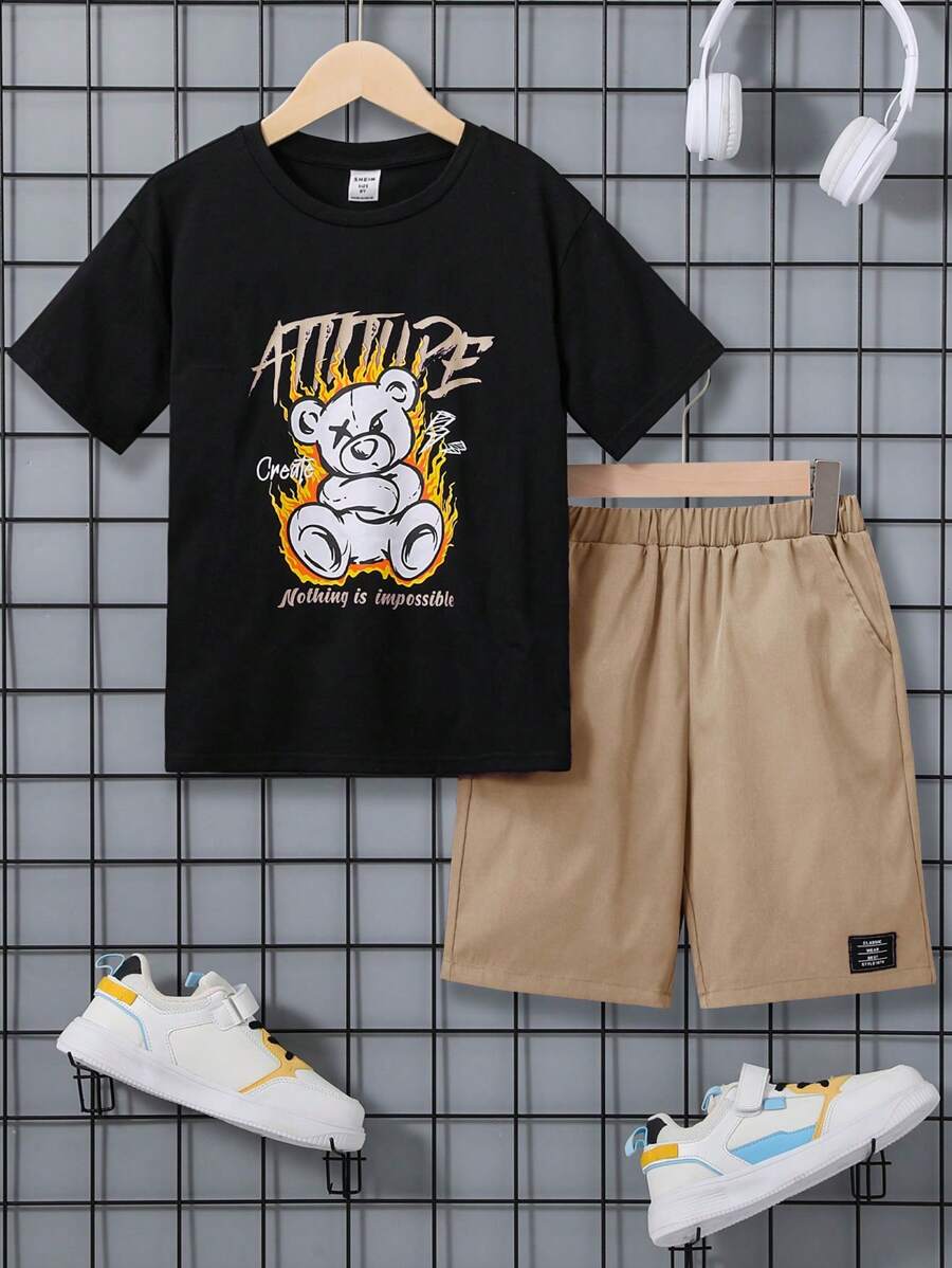 SHEIN Tween男孩休閒舒適2入組t恤和短褲套裝 - 卡其色 - 查看 1