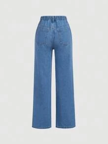 SHEIN Jeans Rectos De Tiro Medio Regulares Con Estampado De Moño Para Adolescentes