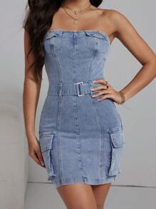 SHEIN EZwear فستان نسائي بحمالات من الدنيم مع جيوب - الأزرق - مشاهدة 3