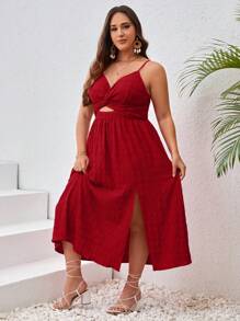 SHEIN VCAY Plus Size Plain Twist Knot Hollow Out High Slit Cami Dress - Red - View 3