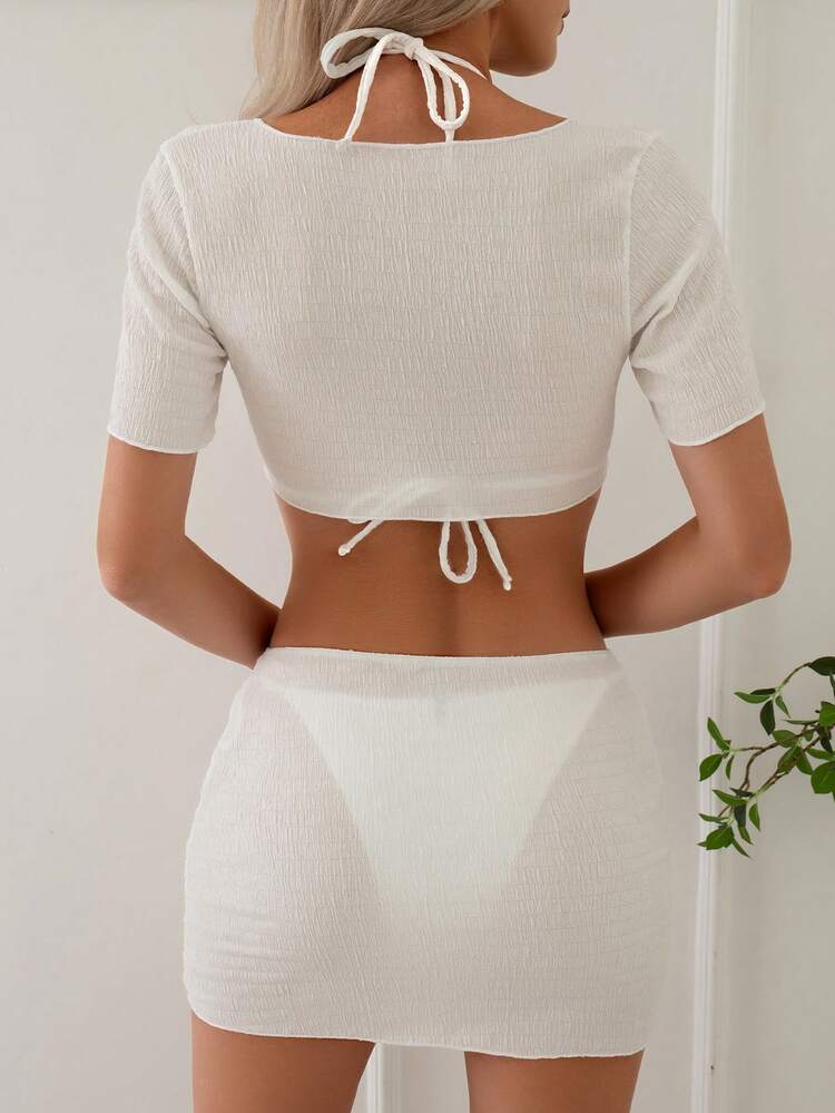 Solid Color Triangle Cup Knot Detail Side Bikini Set With Cover Up Wedding Summer