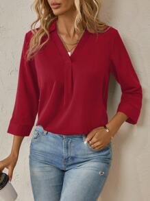 SHEIN Clasi Solid Color V-Neck Blouse - Red - View 6