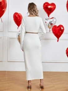 SHEIN 孕婦長袖短上衣和可調節鈕扣裙子套裝 - 白色 - 查看 2