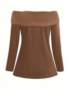 SHEIN LUNE Plus Size Women's Off Shoulder Long Sleeve T-Shirt - Brown - View 2