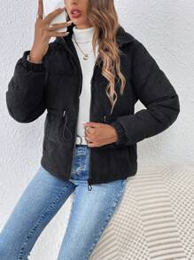SHEIN Frenchy Drawstring Waist Zipper Front Padded Coat - Black - View 6