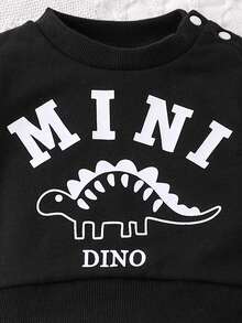 SHEIN 嬰兒男寶寶字母和恐龍印花套裝運動衫和褲子,可愛、舒適,適合運動、街頭、戶外等活動穿著 - 黑色 - 查看 3