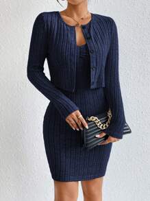 SHEIN Essnce Women's Ribbed Short Jacket And Dress Set - Navy Blue - View 3