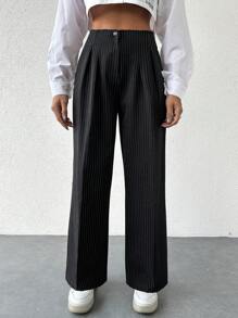 EURMUSE Women's Striped Pleated Straight Leg Pants - Black - View 5