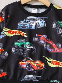 SHEIN 幼童男孩時尚多彩汽車印花運動衫和長褲服裝套裝 - 黑色 - 查看 8