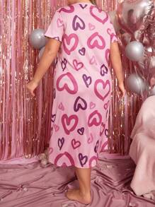Snug Zone Plus Size Women's Heart Printed Pajama T-Shirt Dress For Sleepwear, Long Dress - Pink - View 2