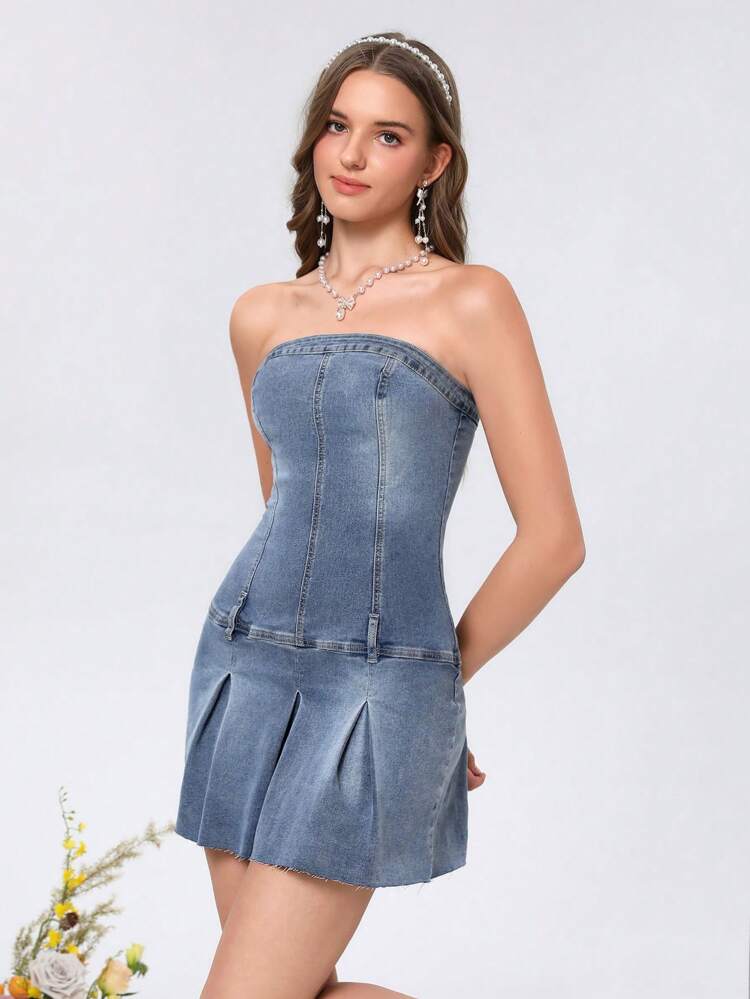 Denim Strapless Ruffled Dress