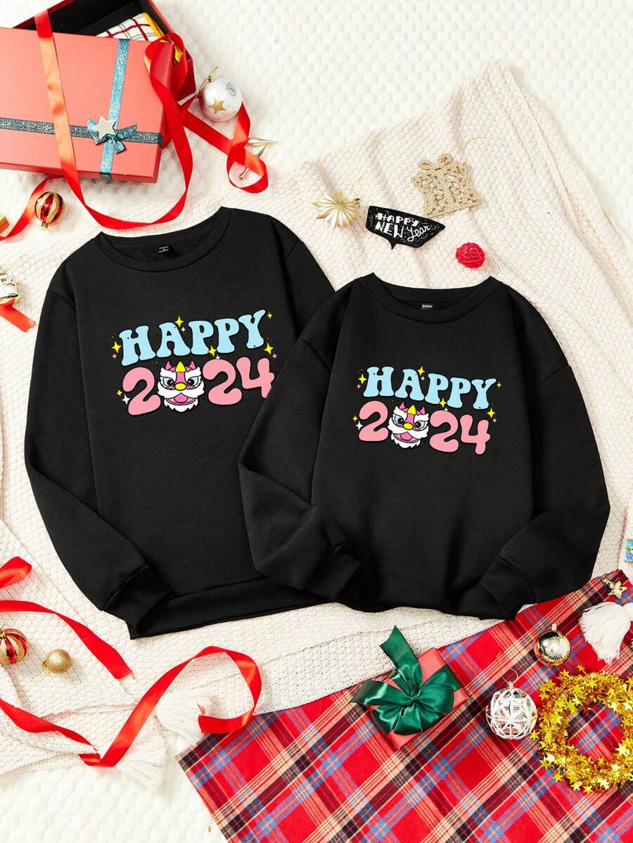 Manfinity Hypemode 男士 2024 新年圖案 圓領運動衫 - 黑色 - 查看 1