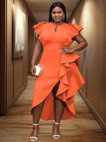 Plus Keyhole Neckline Butterfly Sleeve Ruffle Trim Split Thigh Dress - Orange - View 4