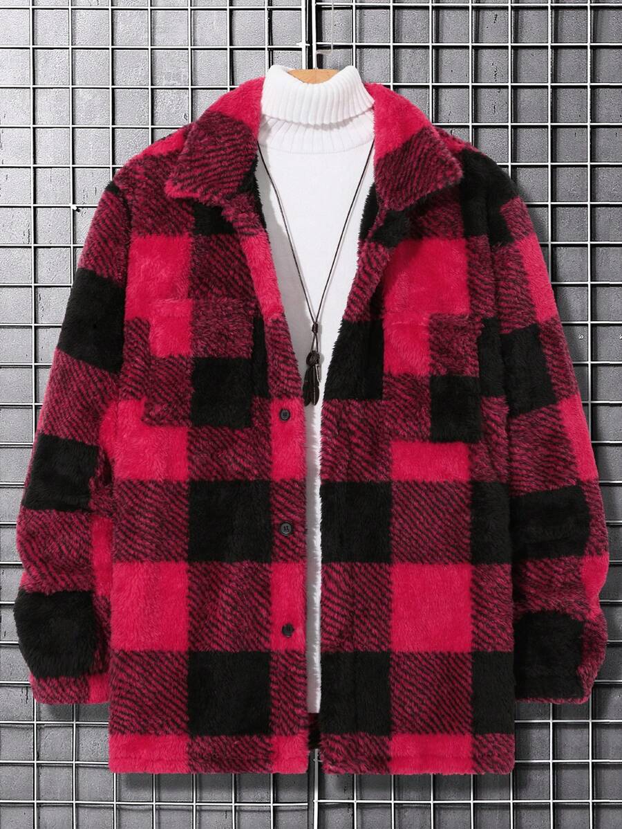 Extended Sizes Men's Plus Size Plaid Plush Lined Shacket - Multicolor - View 1