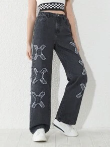 Teen Girls' Cross Patchwork Jeans - Black - View 5