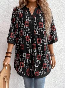 EMERY ROSE Plus Size Women's Geometric Pattern Notched Collar Blouse Women Shirt - Brown - View 6