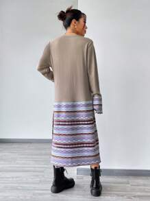 SHEIN Unity 幾何圖案分割式下擺休閒針織連衣裙 - 藕粉色 - 查看 2