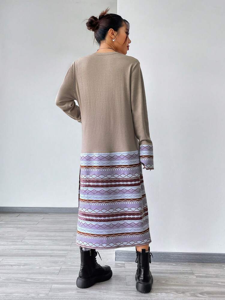 Geometric Pattern Split Hem Casual Knitted Dress Fall Cloth For Women