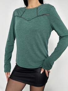 SHEIN Frenchy Ladies' Lace Patchwork Long Sleeve T-Shirt - Green - View 4