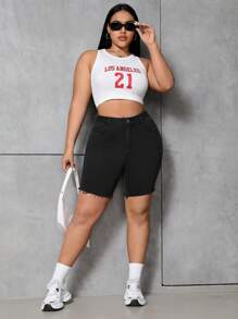 SHEIN EZwear 女士大尺碼純色繡邊窄褲短褲 - 黑色 - 查看 6