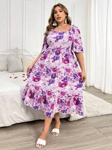 SHEIN Holidaya 大尺碼女款花卉印花收腰連身裙 - 紫色 - 查看 6