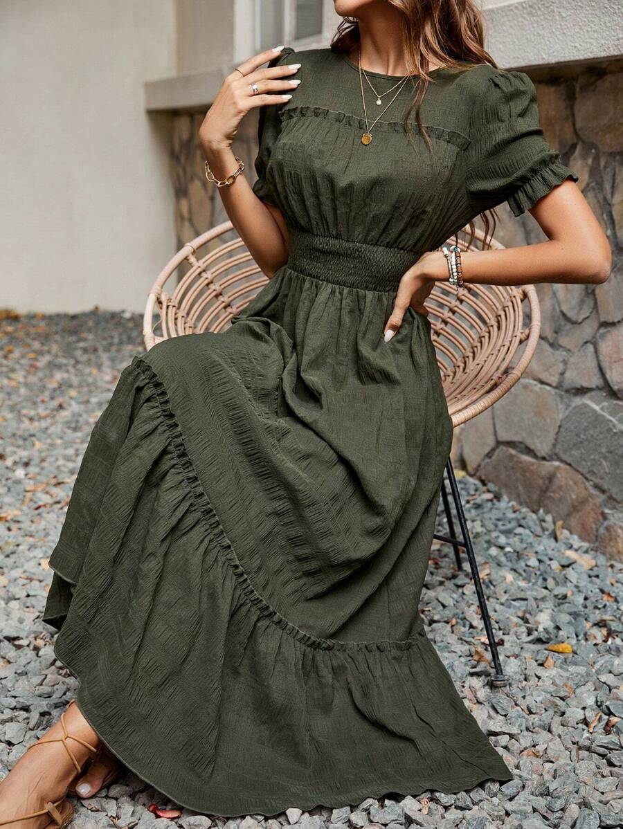 SHEIN Clasi 泡泡袖圆领长款女装 - 軍綠色 - 查看 1