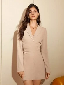Vestido Largo Con Cinturón De Manga Larga Y Color Sólido - Albaricoque - Ver 6